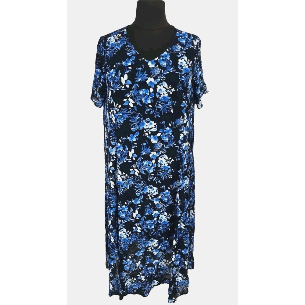 Woman Within Women Flare Maxi Dress Plus Size M 14/16 Floral Blue Crew Neck 310A
